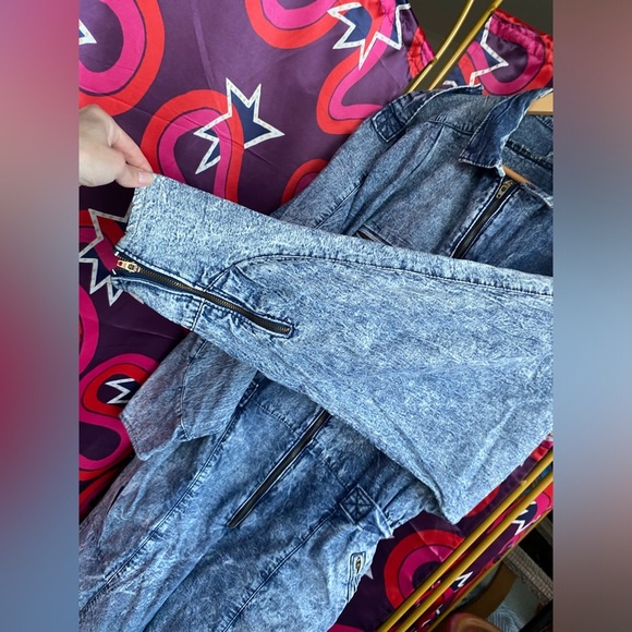 Vintage Beret Boiler Suit Jumpsuit Denim Acid Wash Zip Batwing Dolman 80s Jean - Picture 6 of 15